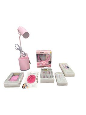 Set of 7 Assorted Pink Tech & Accessories Bundle - Lamp, Mouse, Earbuds, Chargin
